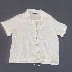 Style Envy Women's Large White Cropped Top Short Sleeve Tie Waist Button Up Cool